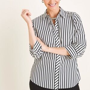 CHICOS COTTON STRIPED STEP-HEM STAIN
SHIELD SHIRT White Black